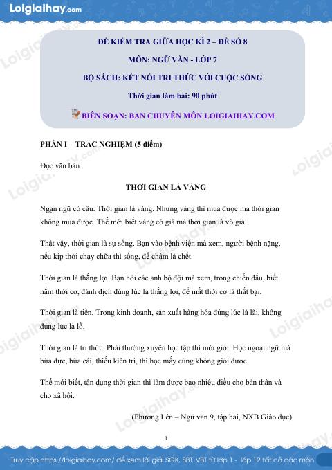 Đề thi giữa kì 2 Văn 7 Kết nối tri thức - Đề số 13